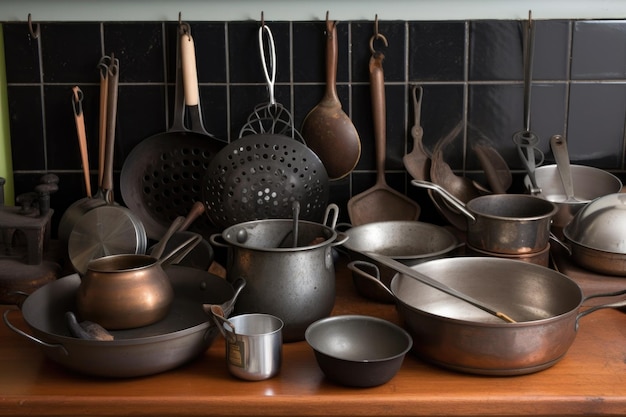 Collection of metal cooking utensils including woks and skillets created with generative ai