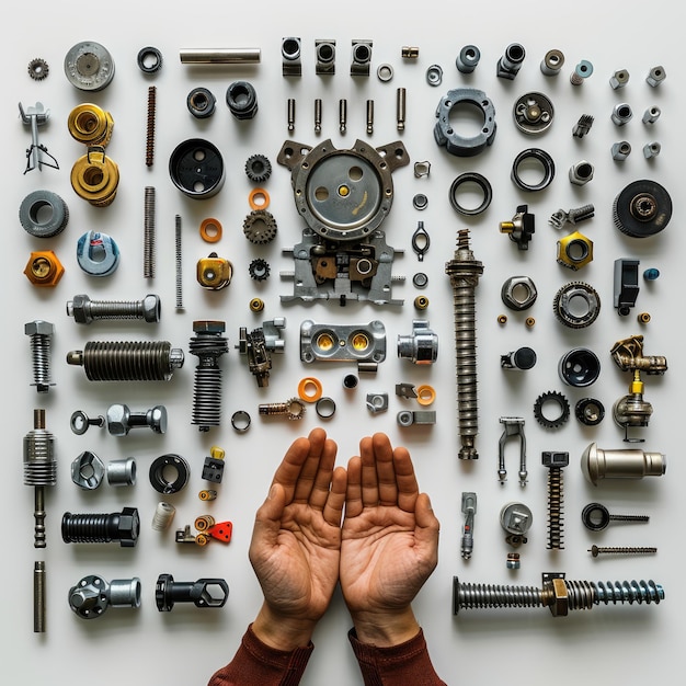 A collection of metal parts arranged on a white background with hands in the center