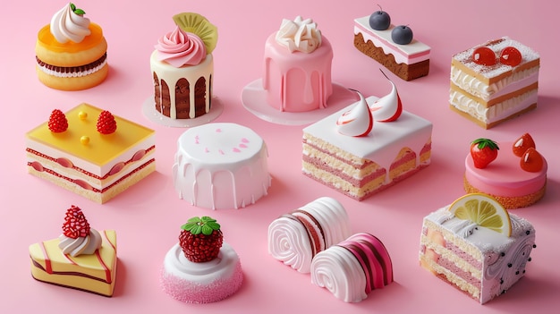 A collection of miniature cakes and pastries on a pink background