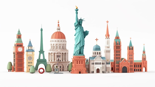 Photo a collection of miniature illustrations including the statue of liberty and the statue of liberty