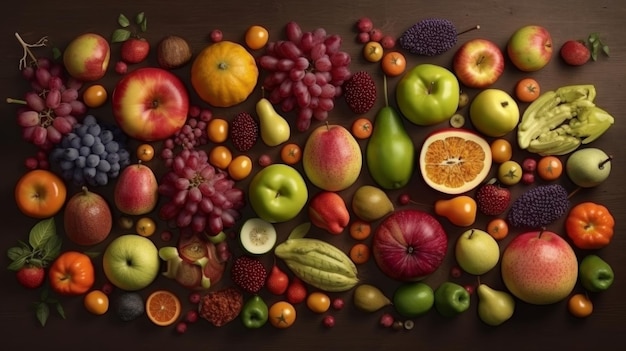 Collection of mixed fruits overhead view flat lay Generative AI