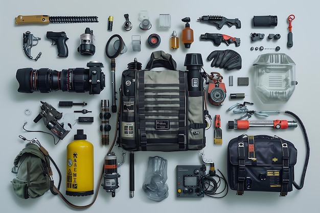 A Collection of Modern Gadgets and Tools Laid Out On a White Background