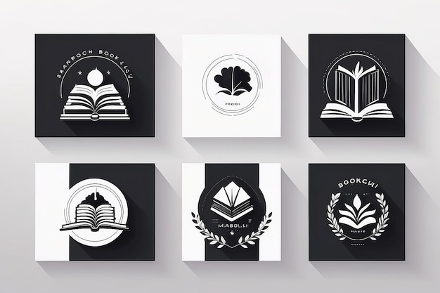 Collection of monochrome flat design book logo