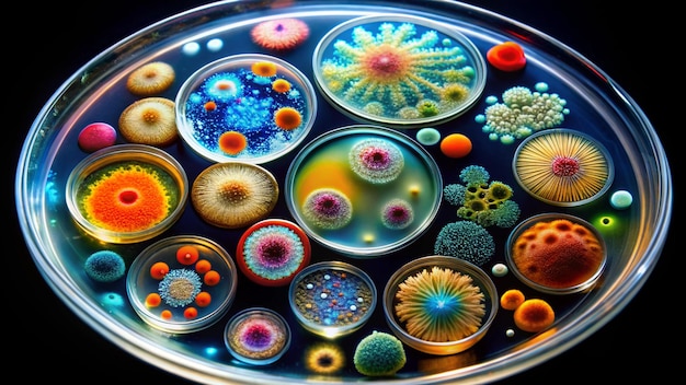 a collection of multicolored beads are displayed in a glass case