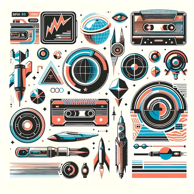 a collection of music and technology illustrations including a microphone and a webcambe