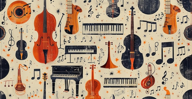 a collection of musical instruments including a piano and piano