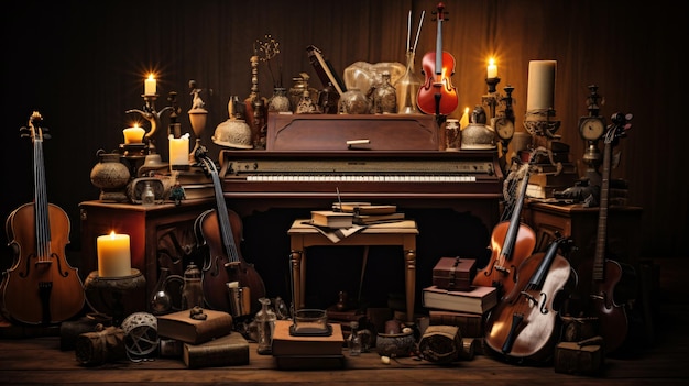 a collection of musical instruments and a piano with a piano in the background