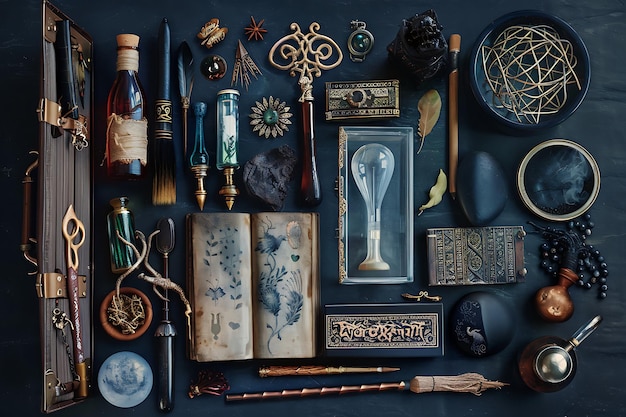 Photo a collection of mystical objects on a dark background