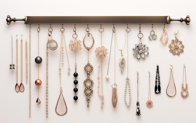 a collection of necklaces and necklaces are displayed on a wall