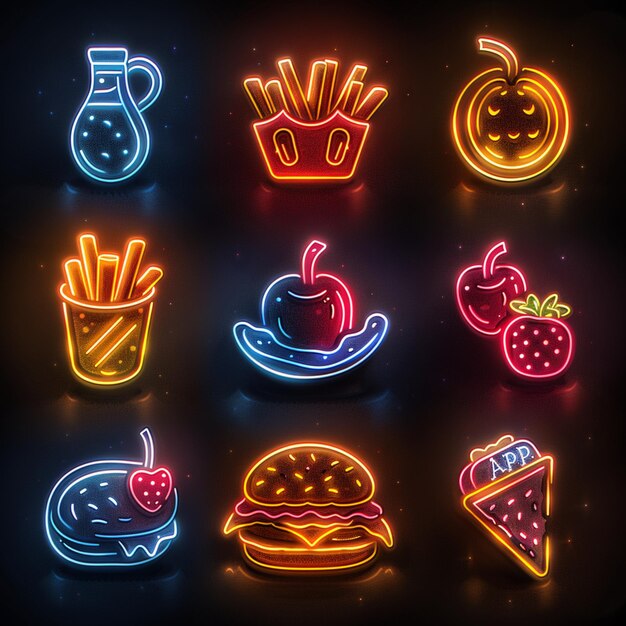 Photo a collection of neon lights with a picture of a hamburger and a plate of food