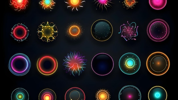 collection of neon round stickers isolated on black background Glowing laser geometric shapes