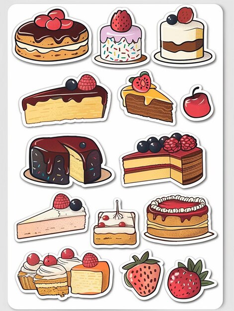 Photo collection of nine colorful dessert stickers each featuring different types of cakes and pastries