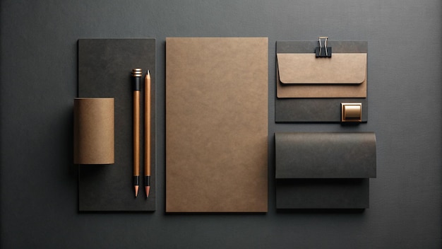 a collection of notebooks pens and pen on a black background