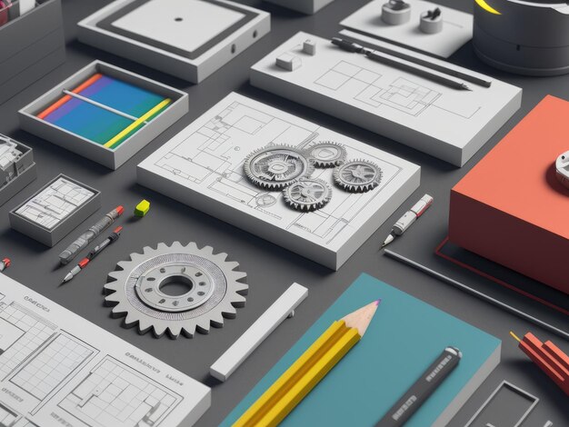 A collection of objects including gears, a pencil, a red box, a pencil, and a box.