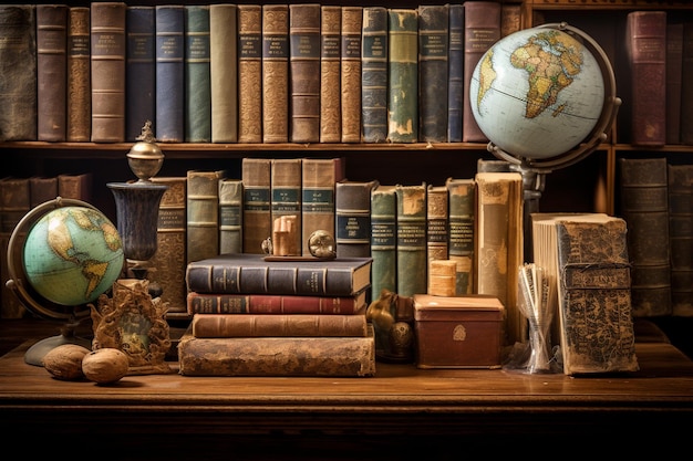 a collection of old books including the globe and globe