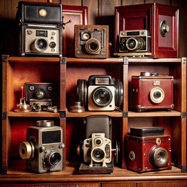 Photo a collection of old cameras are on a shelf