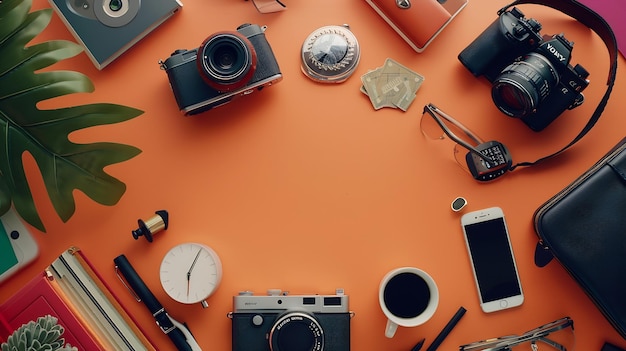 a collection of old cameras and a cup on a table