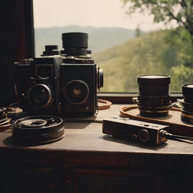 Photo a collection of old cameras on a table with a window in the background