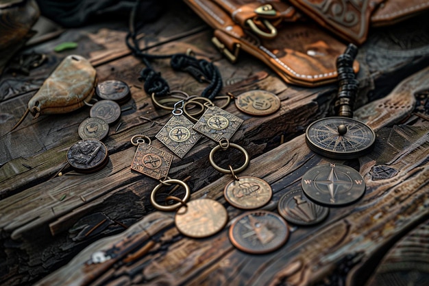 Photo a collection of old coins and a pocket watch on a wooden surface