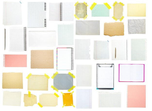 Collection of old note paper on white background