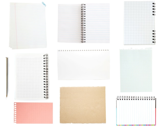 Collection of old note paper on white surface.