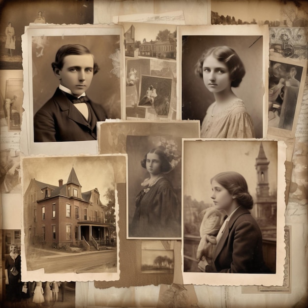 a collection of old photos including a house with a house in the background