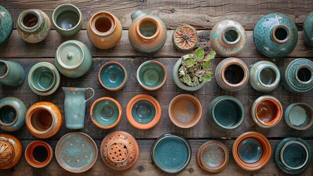 Photo a collection of old pottery and pots on a wooden surface