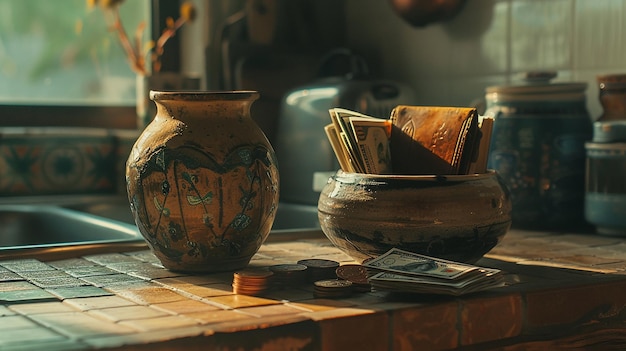 Photo a collection of old vases and a pot with a coin on it