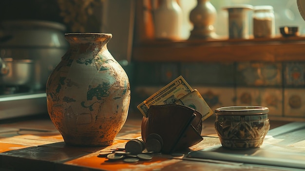 Photo a collection of old vases and a pot with a coin on it