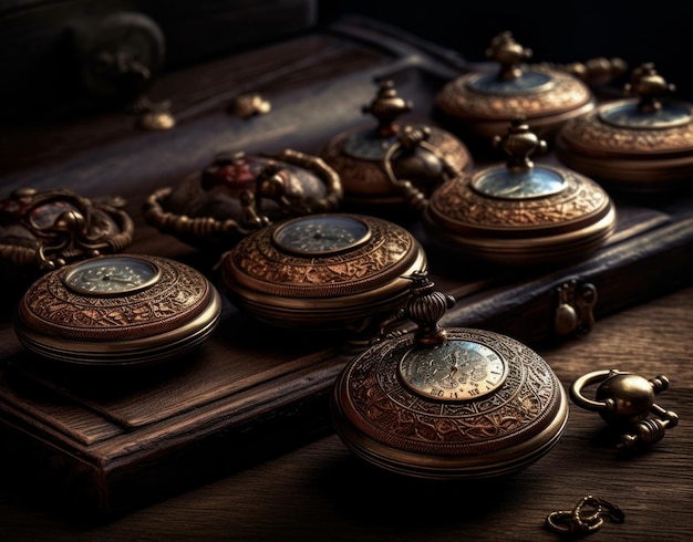 A collection of old watches are on a table with other antique watches.