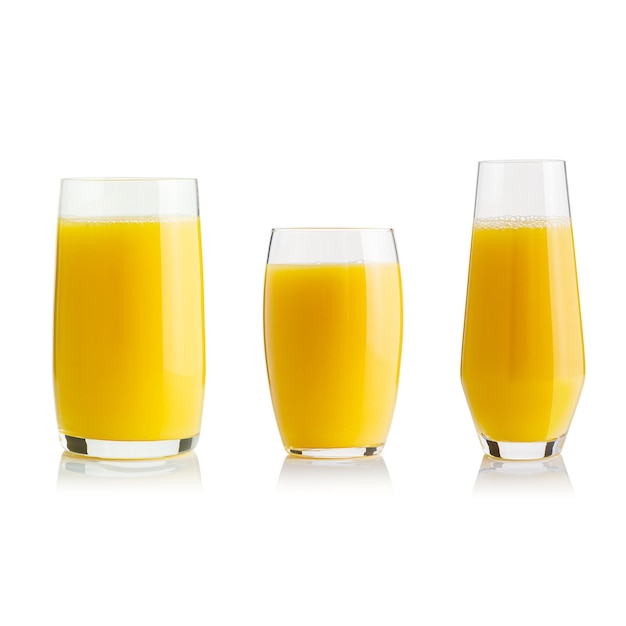 Collection of orange juice in different glasses Separate clipping paths for each glass