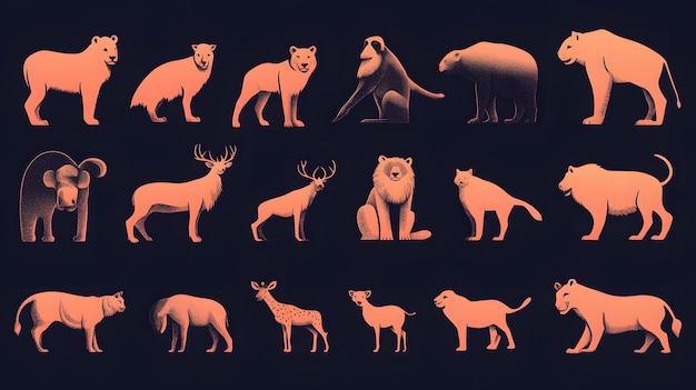 A Collection of Orange Silhouettes of Wild Animals on a Dark Background