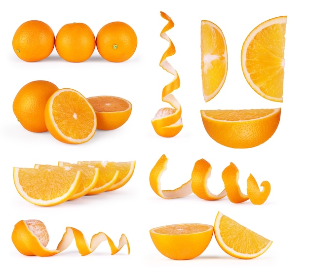 Collection of orange, slice and orange peeled skin isolated white background