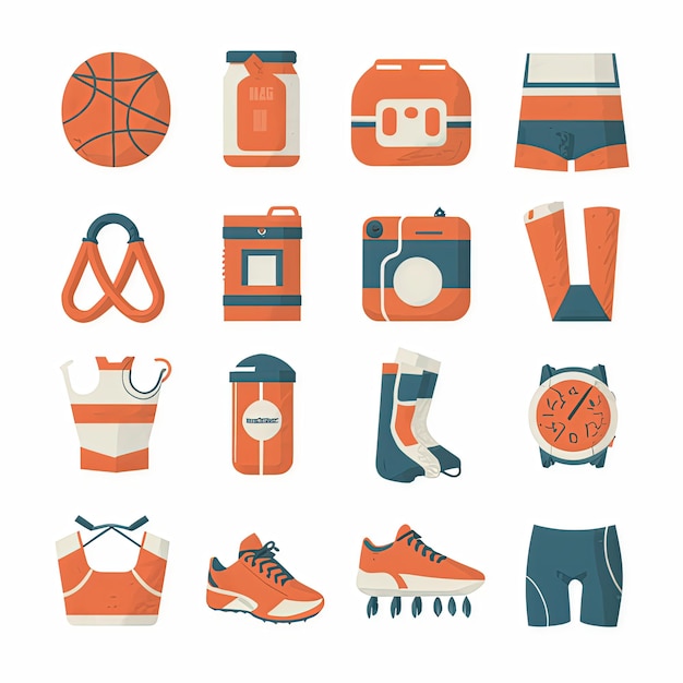 a collection of orange and white sports equipment including a pair of shorts and a bag