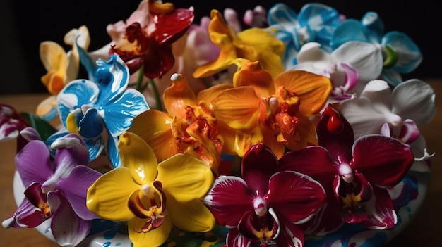 A collection of orchids are displayed on a table.