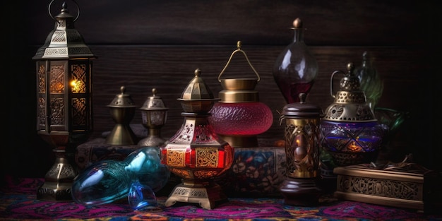 A collection of oriental spices including a blue and gold lamp.