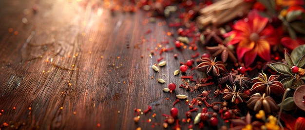 collection of oriental spices such as star anise cloves cardamom on a wooden table