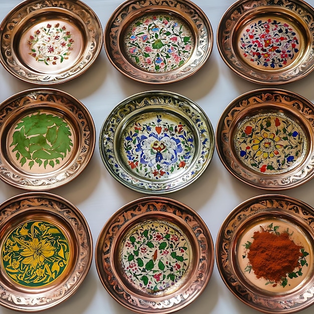 Collection of ornate copper plates with floral designs and spices