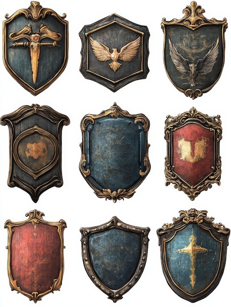 Photo collection of ornate and distressed heraldic shields