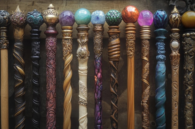 Photo collection of ornate wooden wands with gemstone toppings