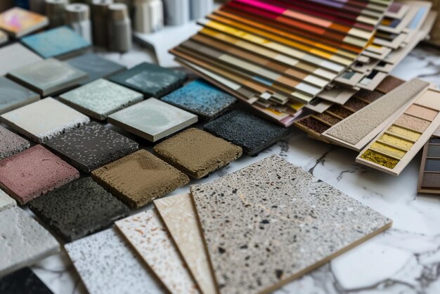 a collection of paint brushes are on a table with a lot of different colors