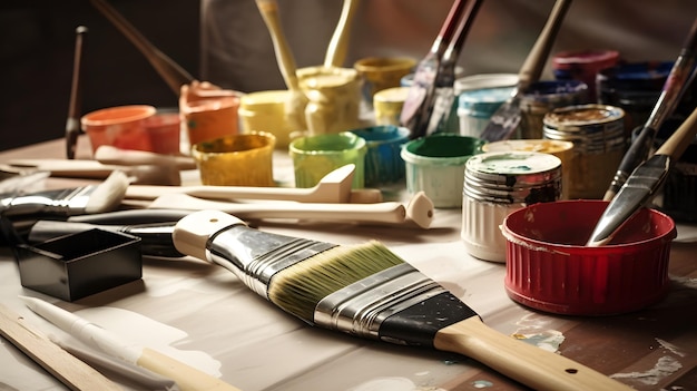 A collection of paint brushes and a paint brush on a table.