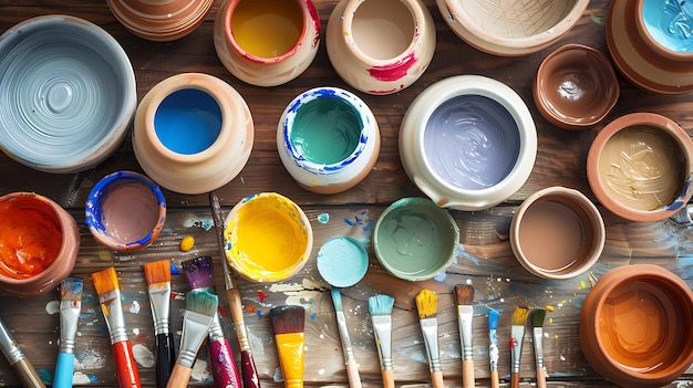 a collection of paint brushes and paint on a table