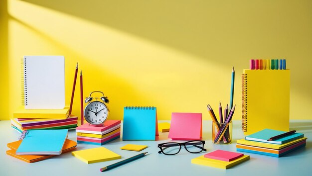 a collection of pencils glasses and a clock on a table