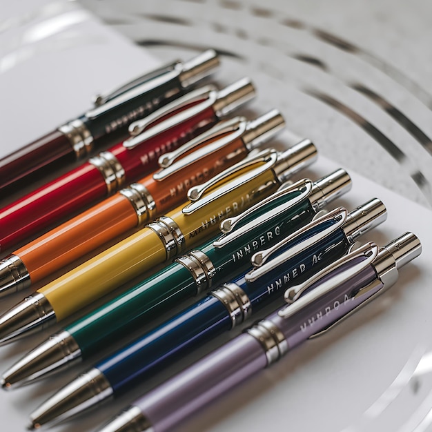 a collection of pens are lined up in a circle