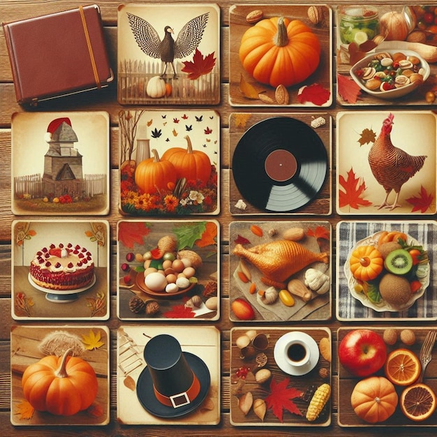 a collection of photos with a turkey and a pumpkin on it