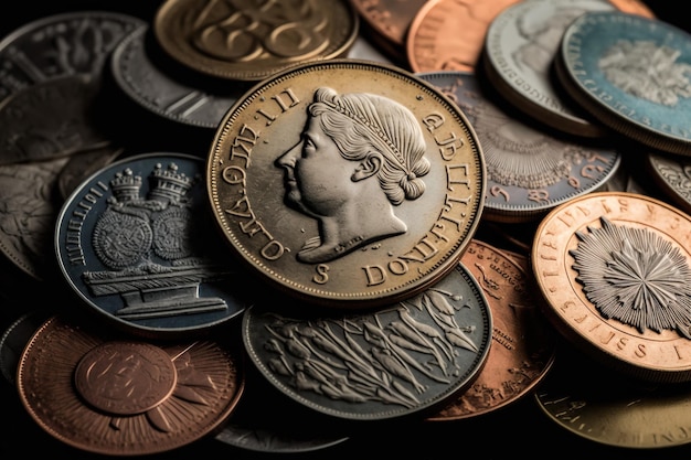 A collection or pile of coins