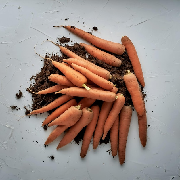 a collection or pile of lots of carrots that have just been harvested and still have traces