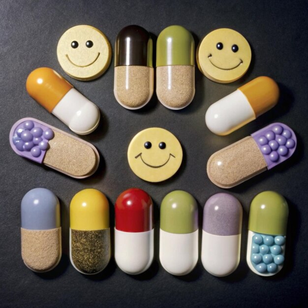 Photo a collection of pills including one that has a smiley face