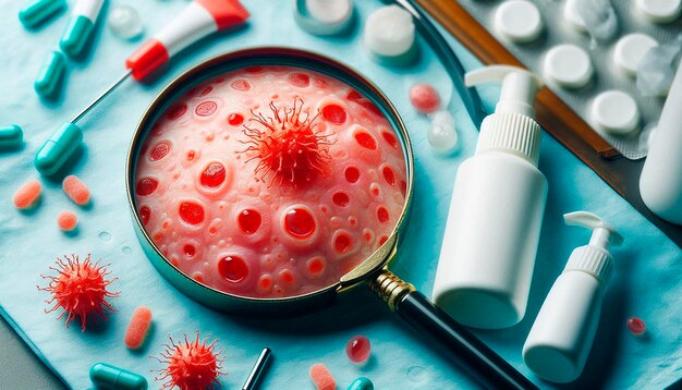 Photo a collection of pills and a magnifying glass are on a table